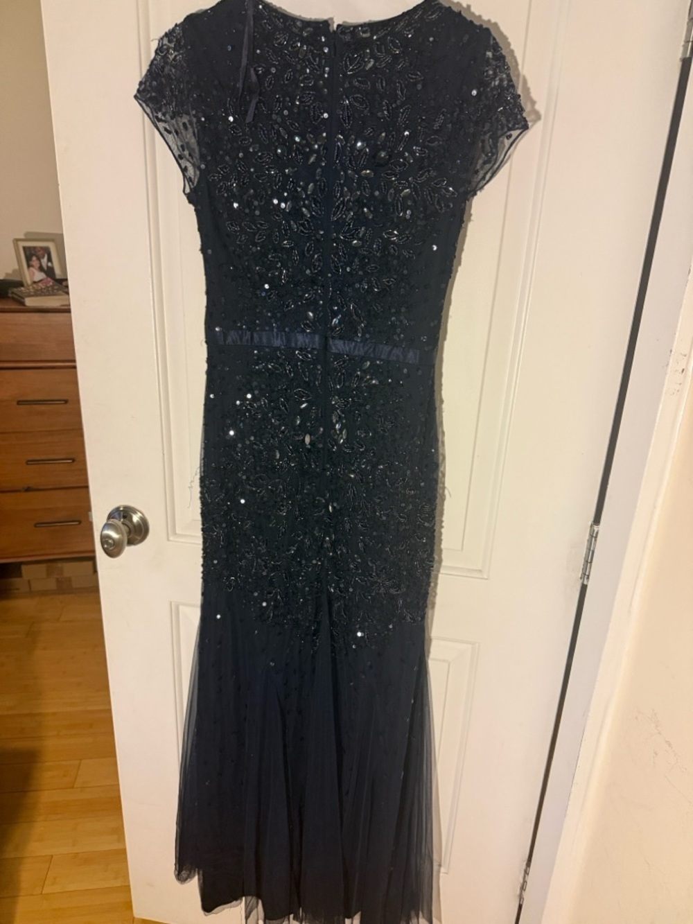 Adrianna Papell Navy Beaded Cap-Sleeve Maxi Dress - Picture 2 of 4